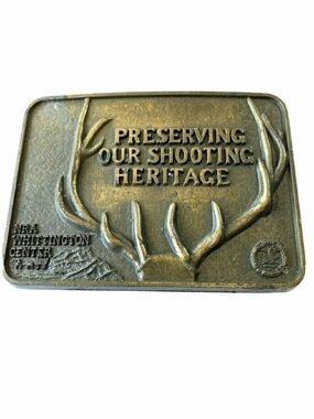 NRA Deer Hunting Mens Belt Buckle Brass Gold Whittington Preserving Shooting